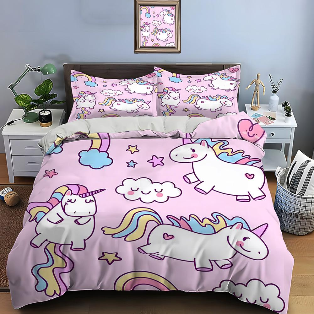 Cute Cartoon Unicorn Print Bedding Set Duvet Cover 1 Duvet Cover 2 Pillowcases Adult And Kids Bedding Set Luxury Holiday Gifts