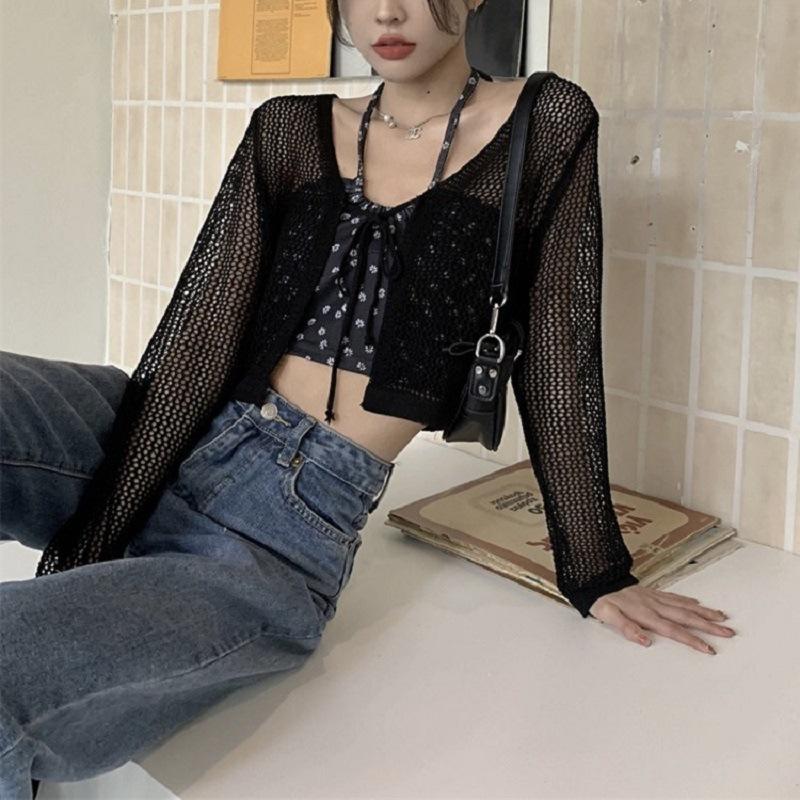 V-neck Lace Up Hollowed Out Sun Protection Cover for Women In Summer Thin and Fashionable Knitted Long Sleeved Cardigan Short Outer Layer