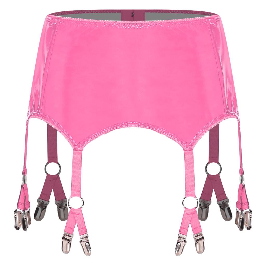 Womens Glossy PU Garter Belt Showing Butt Suspender Straps Metal Clips Extra Miniskirt Waist Belt