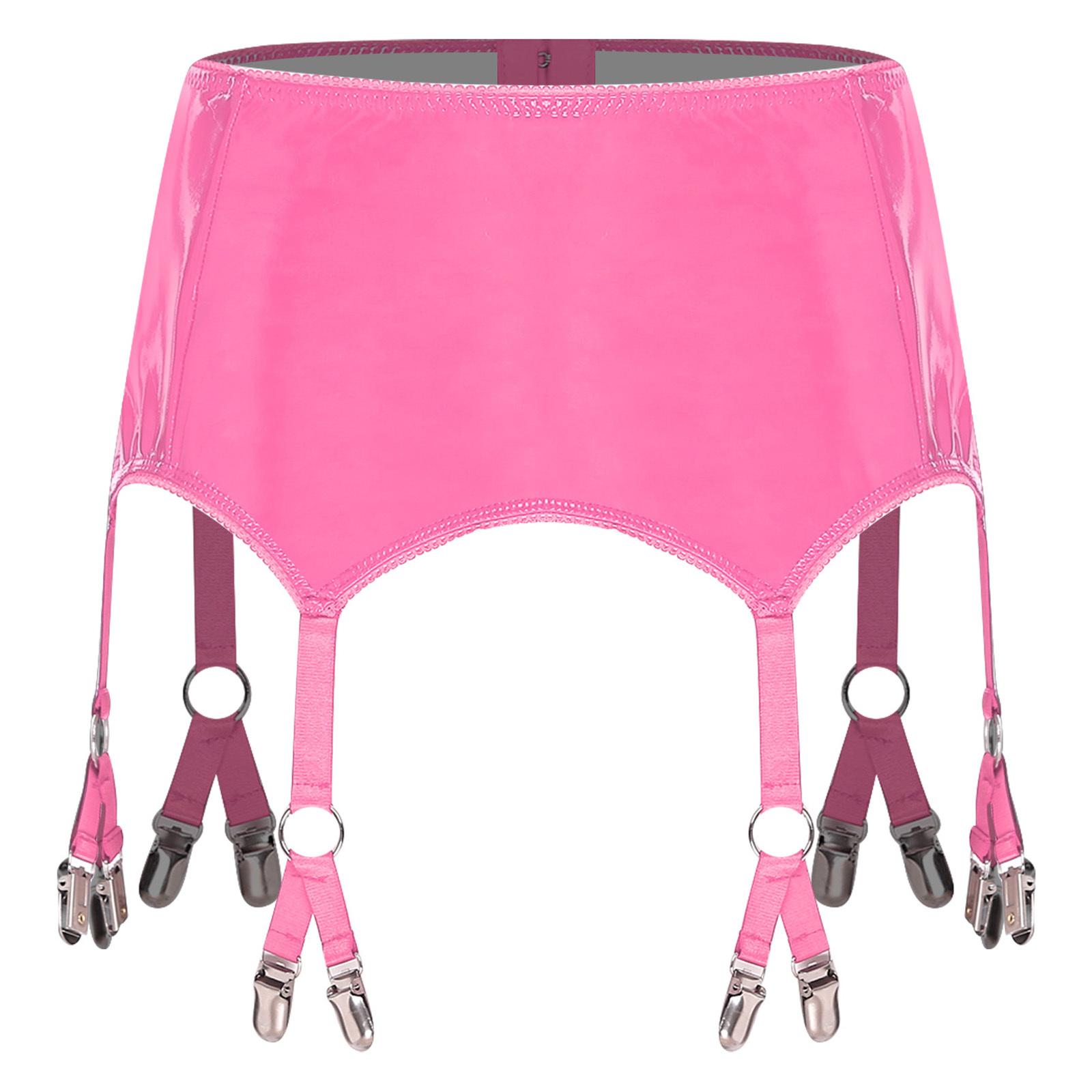 

Womens Glossy PU Garter Belt Showing Butt Suspender Straps Metal Clips Extra Miniskirt Waist Belt S рожевий