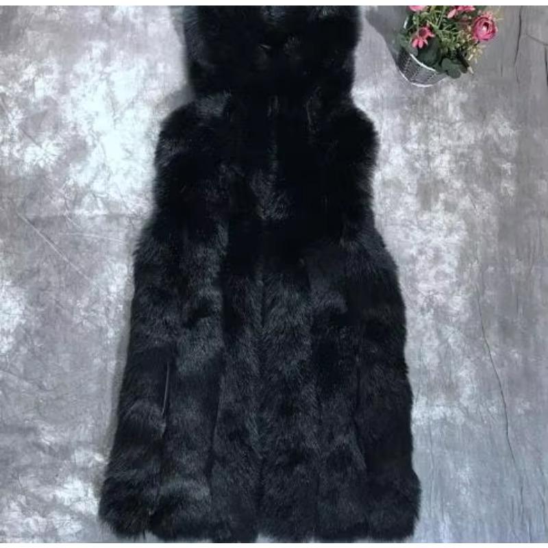 S-4XL Winter Warm Striped Faux Fox Fur Thick Overcoat Women Casual Long Vest Female Open Stitch Cardigan With Hat Slim Coat
