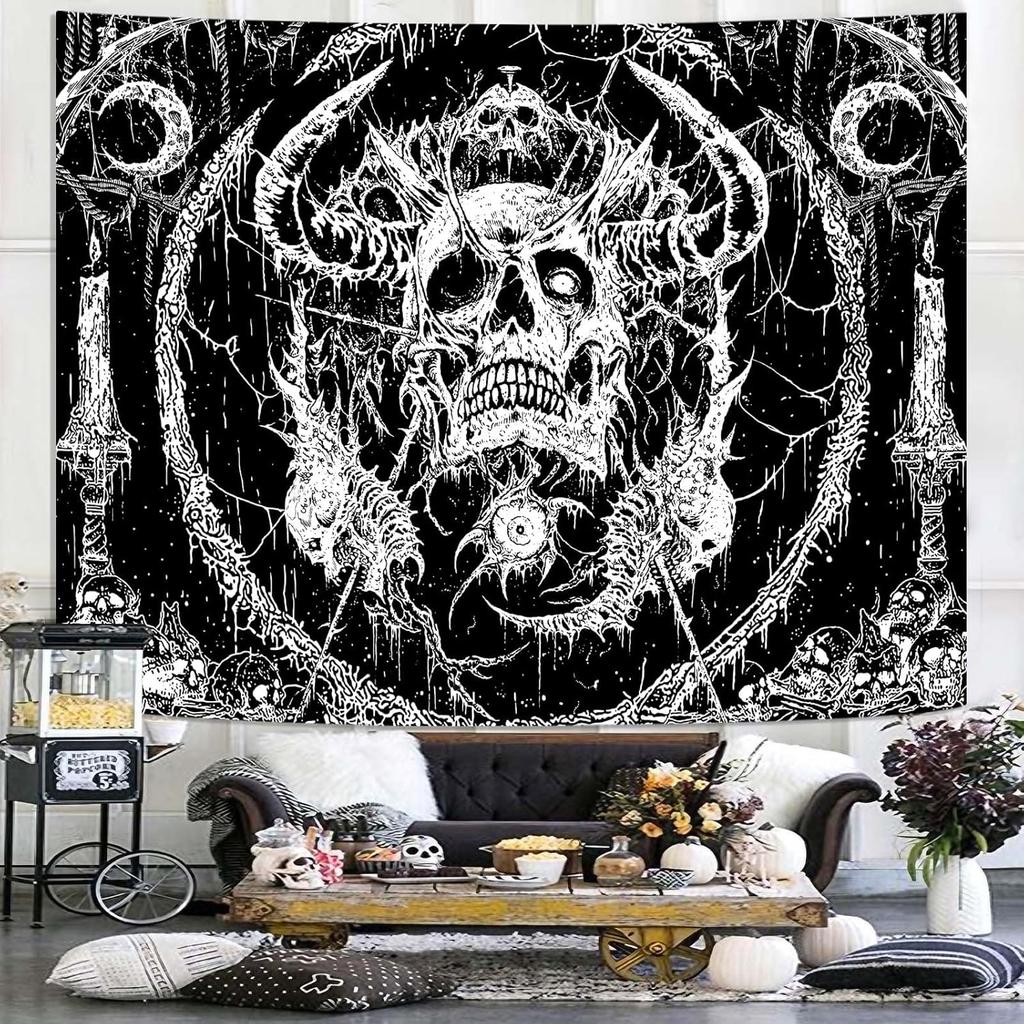 Lifeella Skull Tapestry, Gothic Horror Moon Skeleton Mystic Dark Tapestries for Bedroom Grunge Wall Hanging Black and White 36 X 48 Inch
