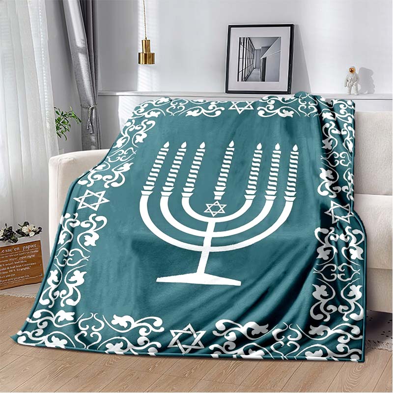 Jewish Hanukkah Golden Menorah Dove Star Of David Vintage Blue Red Border Print Soft Flannel Throw Blanket Warm Sofa Bed Decor Cover For Holiday Fans