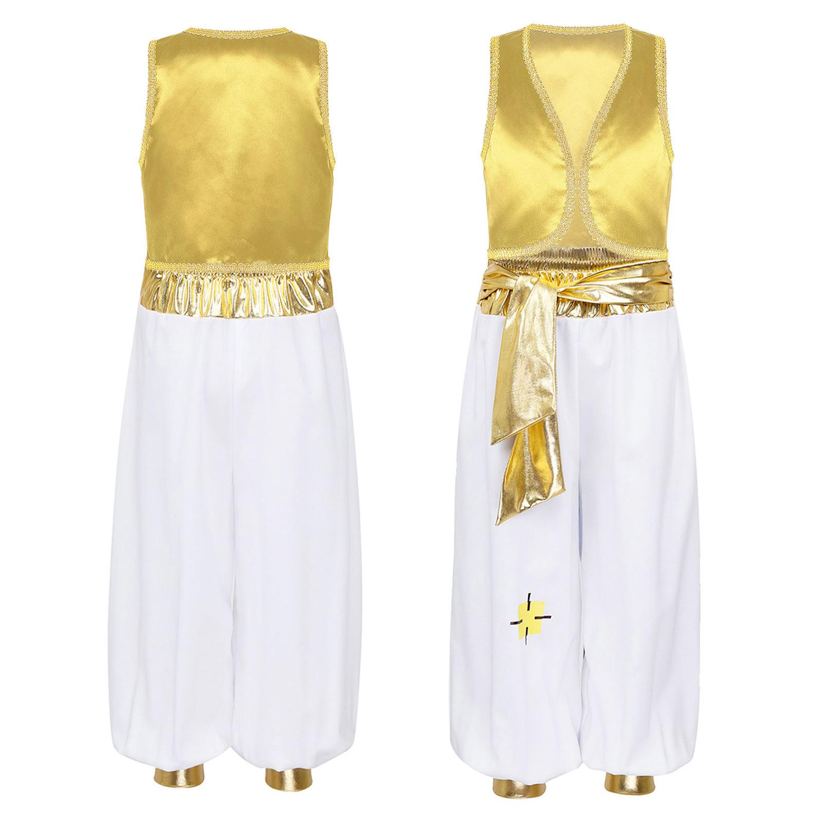 

Комплект костюма арабського принца для хлопчиків Безрукавка з плетеною обробкою Відкритий спереду Еластичний пояс Штани в стилі печворк 13-14 Years жовтий