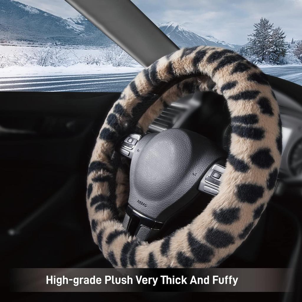 Road Comforts Leopard Plush Steering Wheel Cover For Winter, Made With Flurry Microfiber, Universal Fit 14 1/2 To 15 Inches Steering Wheel Cover,
