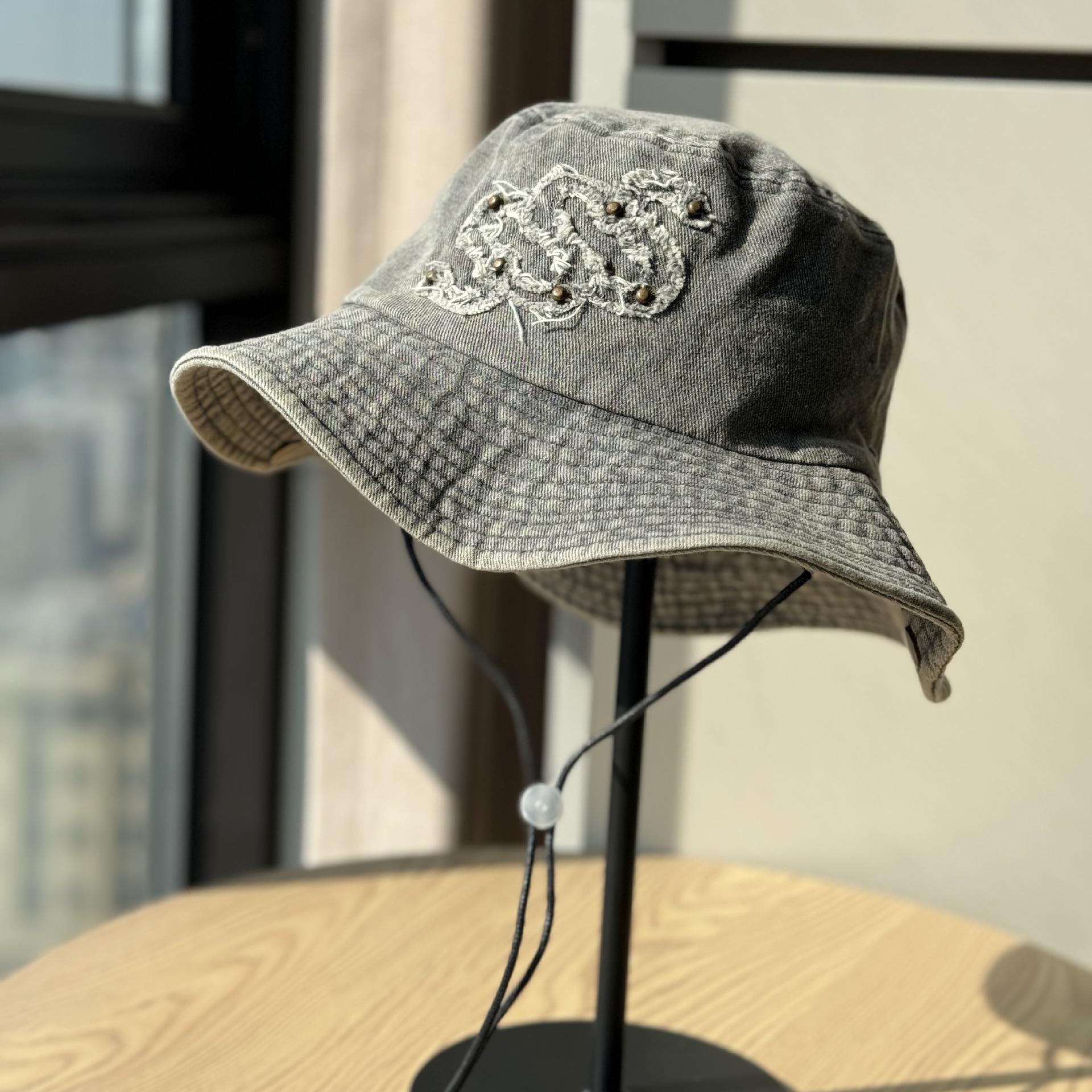 

Vintage street style washed wide-brimmed sun protection embroidered fisherman hat for women, camping bucket hat, western cowboy hat Adult54-60Adjustable чёрный