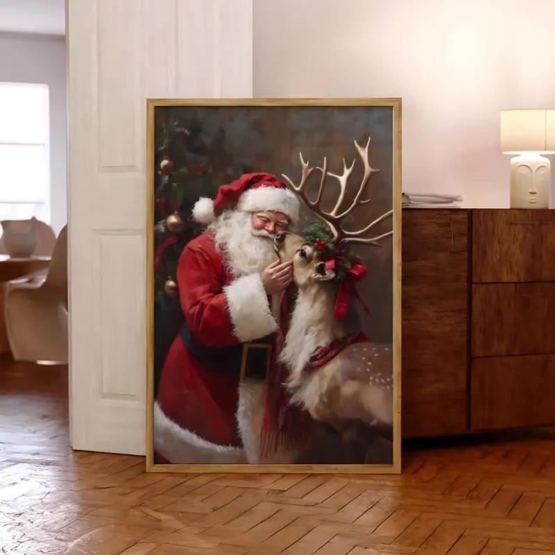 

Santa and Reindeer Christmas Print, Santa Claus Christmas Poster, Vintage Holiday Wall Art, Funky Retro Christmas Poster 21X30CMNo Framed