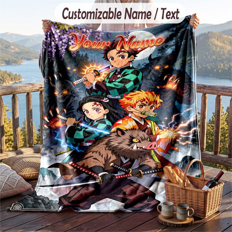 Personalized Flannel Throw Blanket,Demon Slayer Custom Printed Name, Cozy Plush Blanket For Home Use