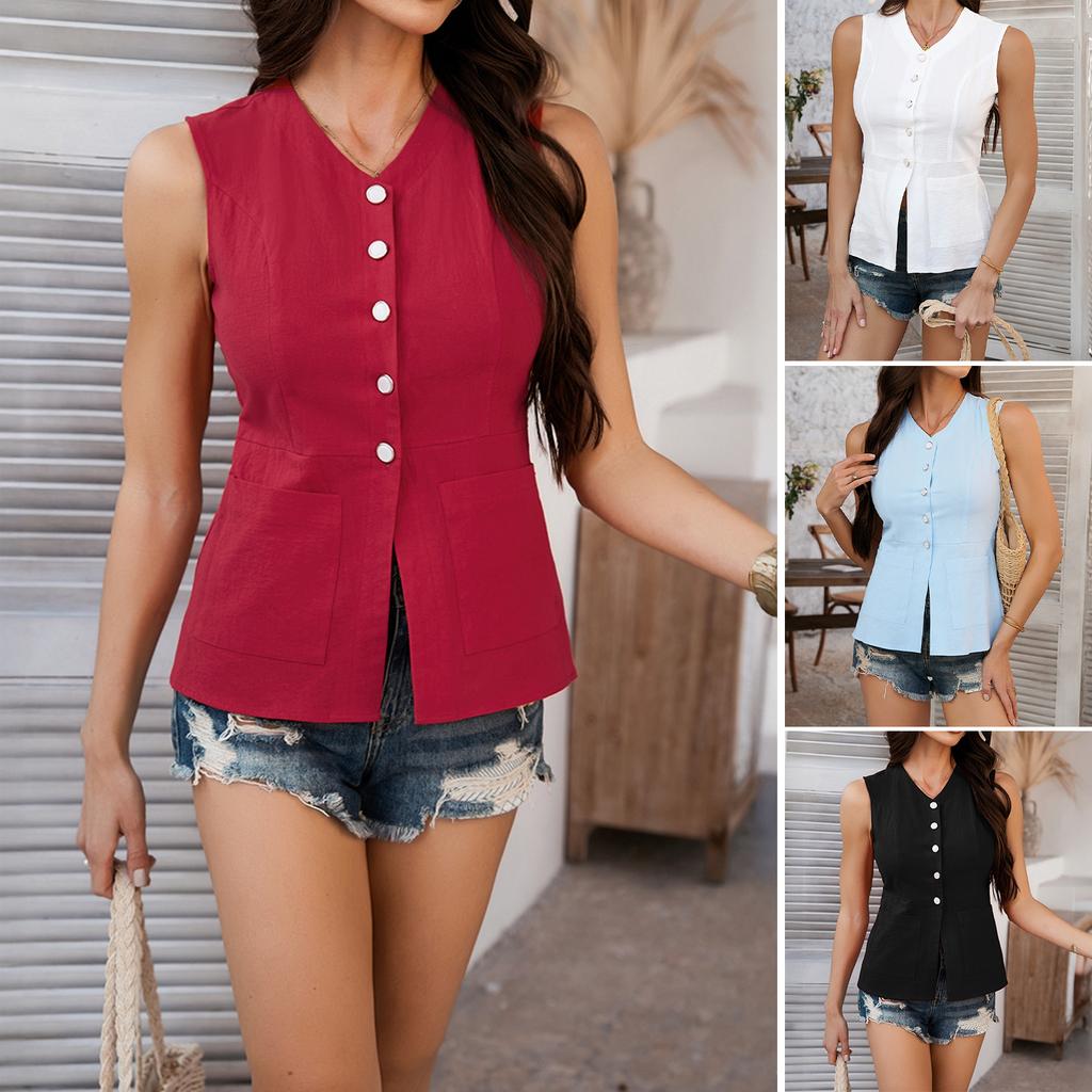 Spring Summer Women's Casual Versatile Holiday Style Button Cardigan Solid Colour Sleeveless Top