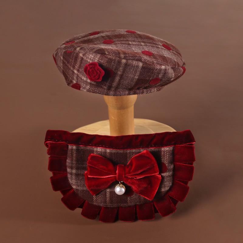 Pet Bowknot Bib Beret Set Cats Dogs - Cotton Woven Plaid Four Use