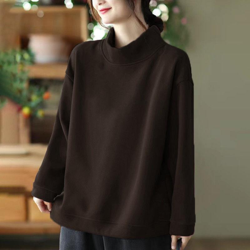 Autumn Winter Plus Velvet Thick New High Neck Long Sleeved Base Shirt Women's Loose Top Plus Size Fat MM Casual Sweatshirt