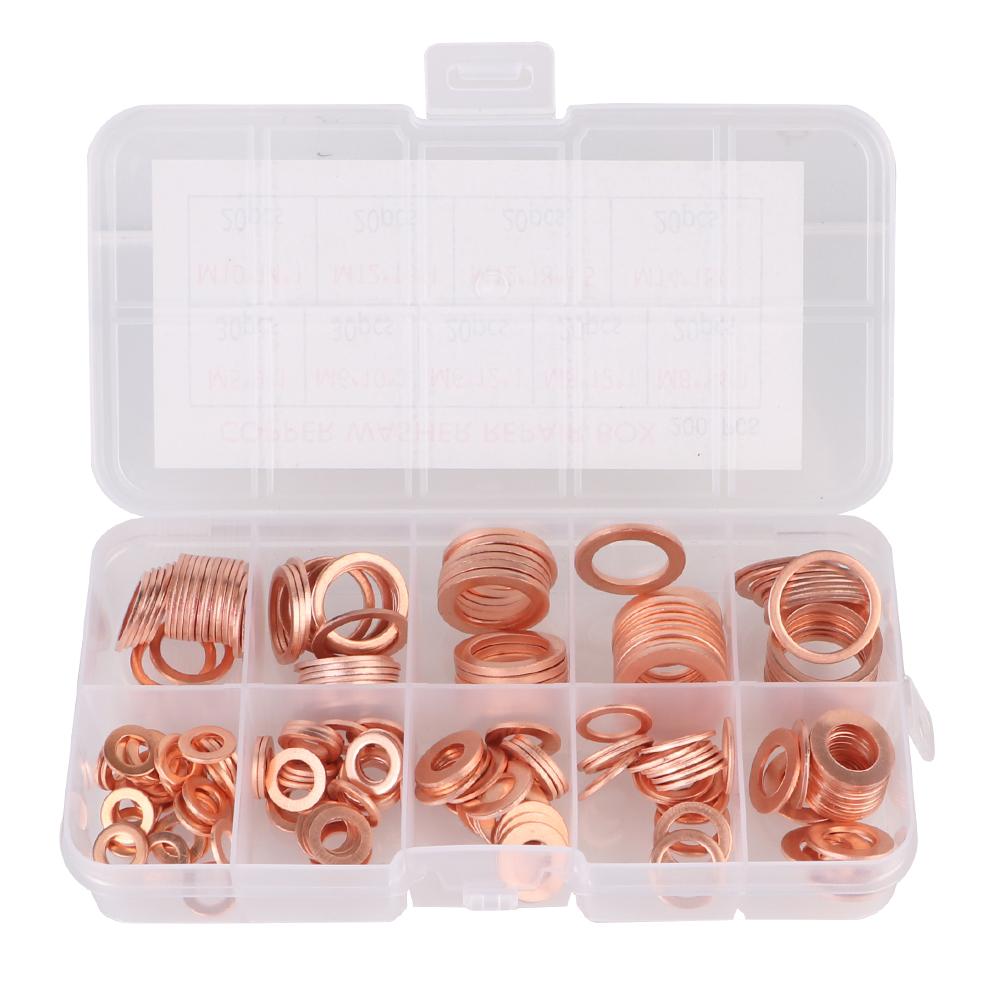 Copper Washer Gasket Flat Fitting Washers M5/M6/M8/M10/M12/M14 Nut and Bolt Set Flat Ring Seal Assortment Kit 200pcs