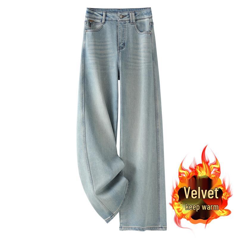 

Женские джинсы 2024 года с легкой флисовой подкладкой: Зимний Горячий Стиль, С высокой талией, Свободные, Прямые и Широкие брюки 3XL