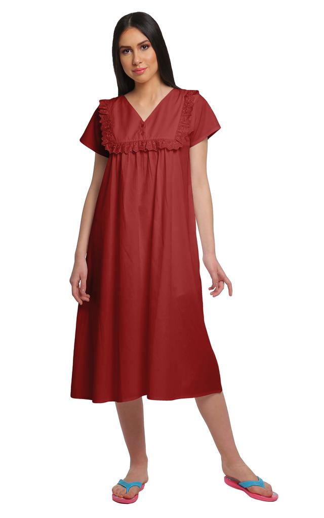 Moomaya Solid Short Sleeve Nightdress For Ladies Button Placket Nightwear