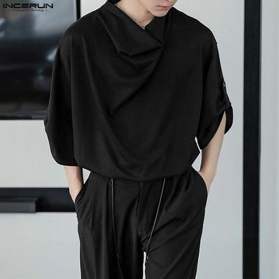 Spring Men Swing Collar Low Cut Long Sleeve Casual Loose T-shirts Tops