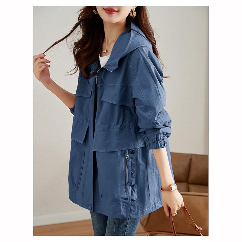 Abrigo cortavientos de longitud media con capucha informal suave de talla grande para mujer de moda primavera otoño