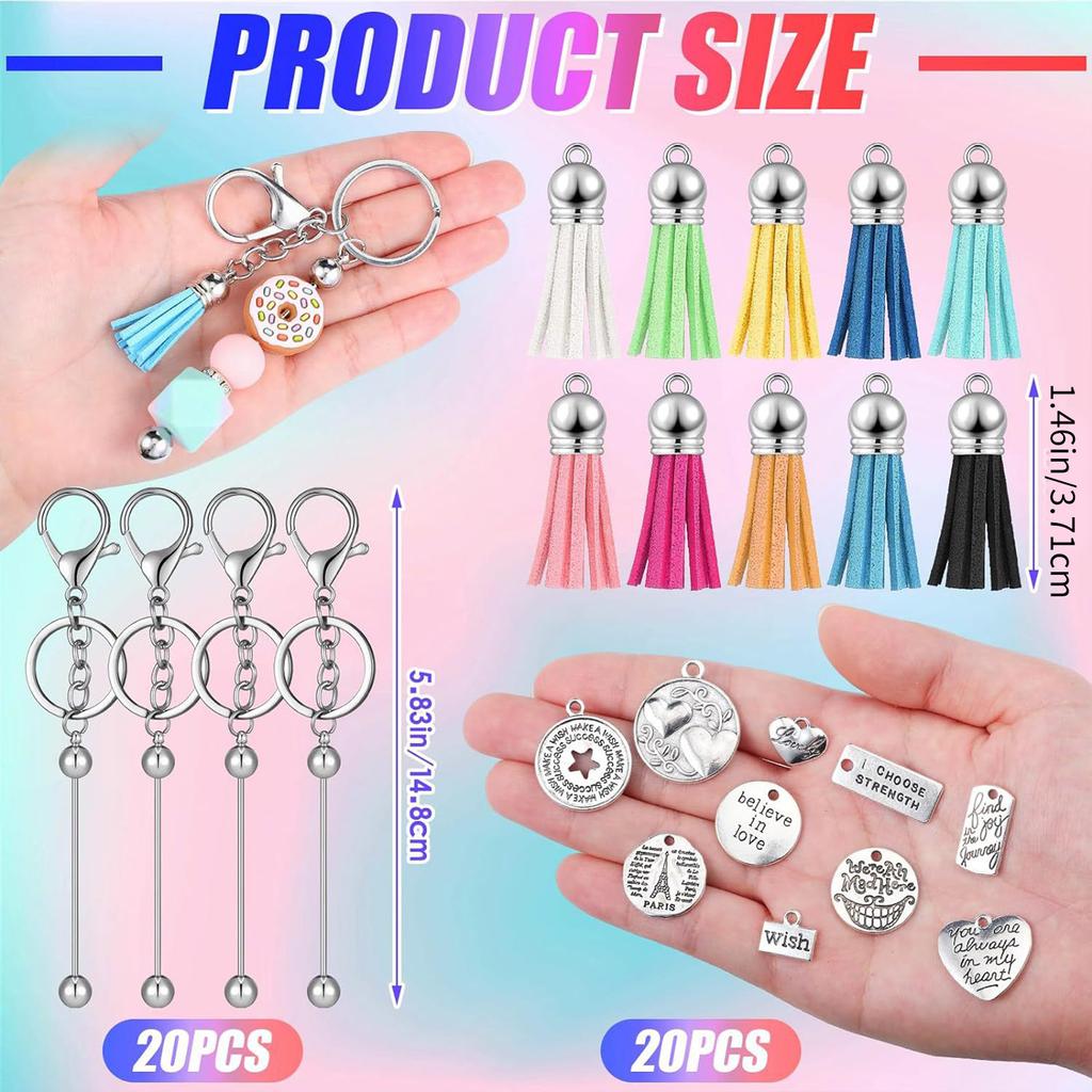 Set of 60 Customizable Keychain Set Motivational Keyring Accessories with Silver Blank Beads and Leather Tassels