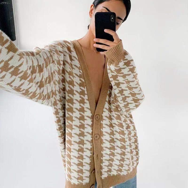 2024 Women's Houndstooth V-Neck Long Sleeve Color Block Knitted Cardigan Sweater