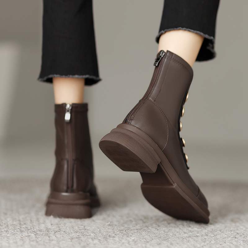 Krazing Pot Podzimní zimní boty z hovězí kůže s kulatou špičkou Kovové zapínání Silný střední podpatek Zip Chelsea Boots Dámské kotníkové boty