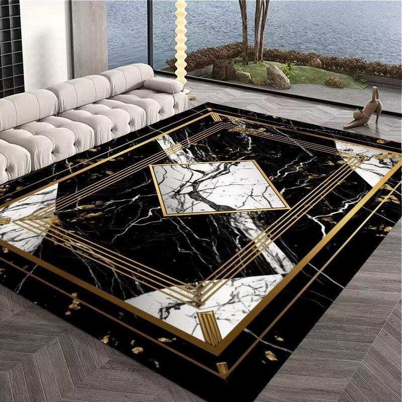 Alfombra Decorativa de Sofá para Interiores y Exteriores de Lujo Negra Incrustada con Oro Alfombra de Área para Mesas de Café Alfombrilla Suave Antideslizante para Niños