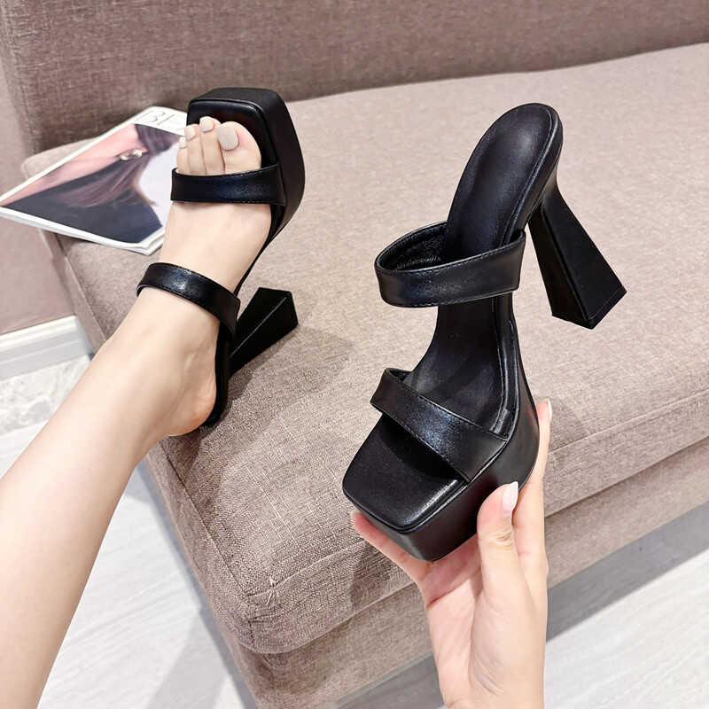 11CM Stříbrné Pantofle na Vysokém Podpatku Bílé Sandály na Platformě se Čtvercovou Špičkou Pro Ženy Letní Dámské Boty na Podpatku Černé Sandalias Mujer