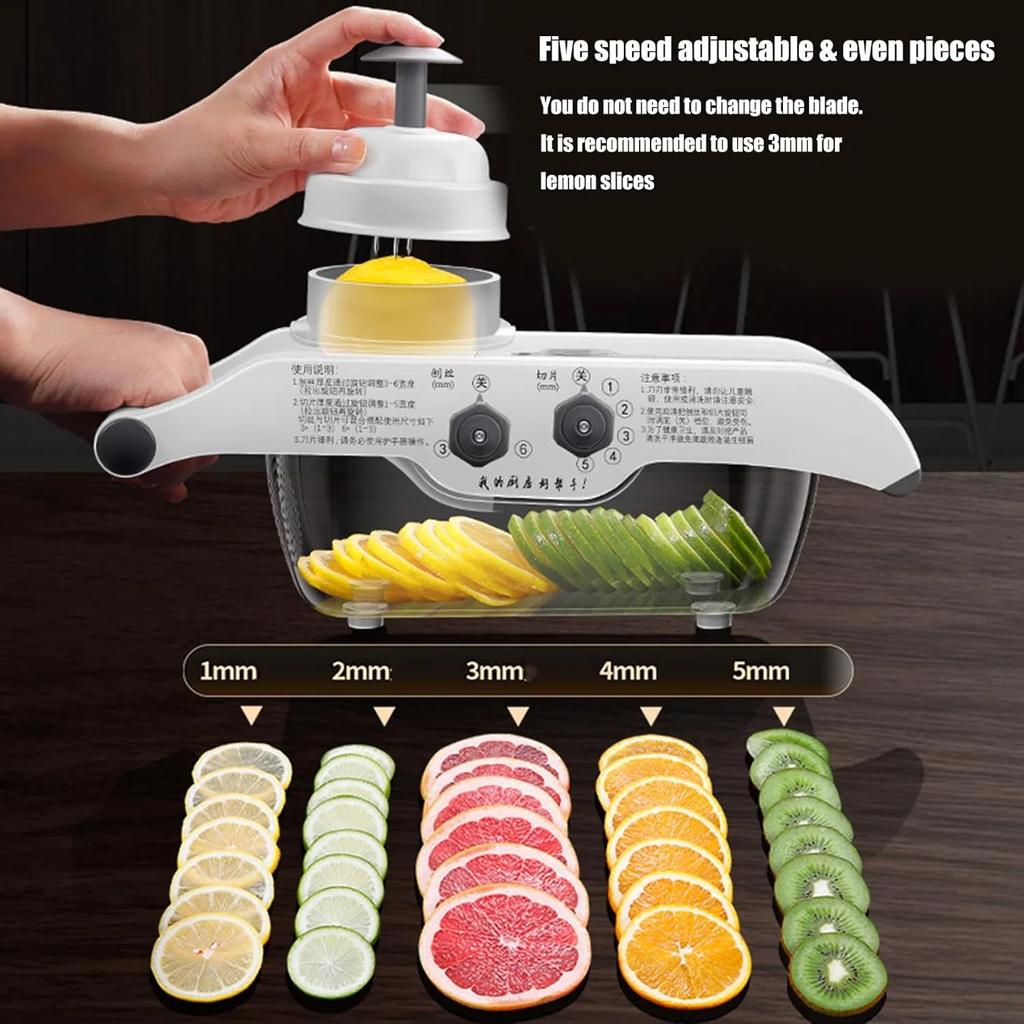 Multifunctional Lemon Slicer,Manual Fruit Potato Choppers with Adjustable Thickness and Storage Box