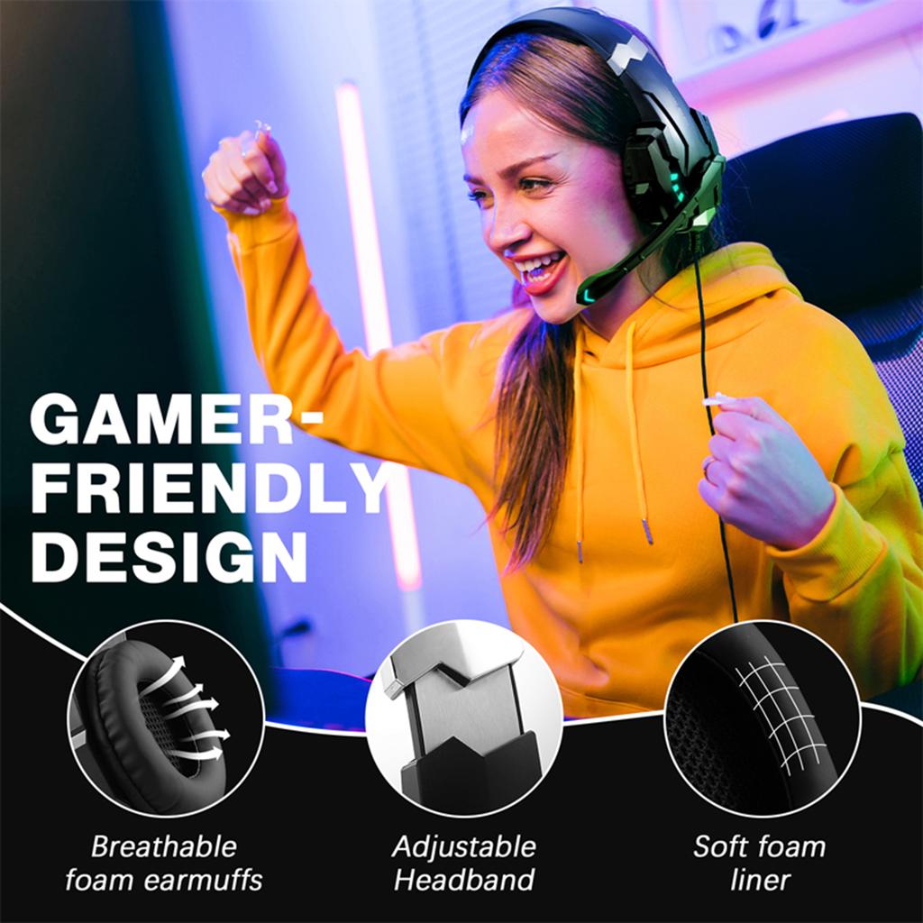 3.5mm Gaming Headphone, Over Ear Game Headset, Noise Cancellation Earphone with Mic, LED Light, Volume Control for Laptop, Tablet, Mobile Phones, Desk