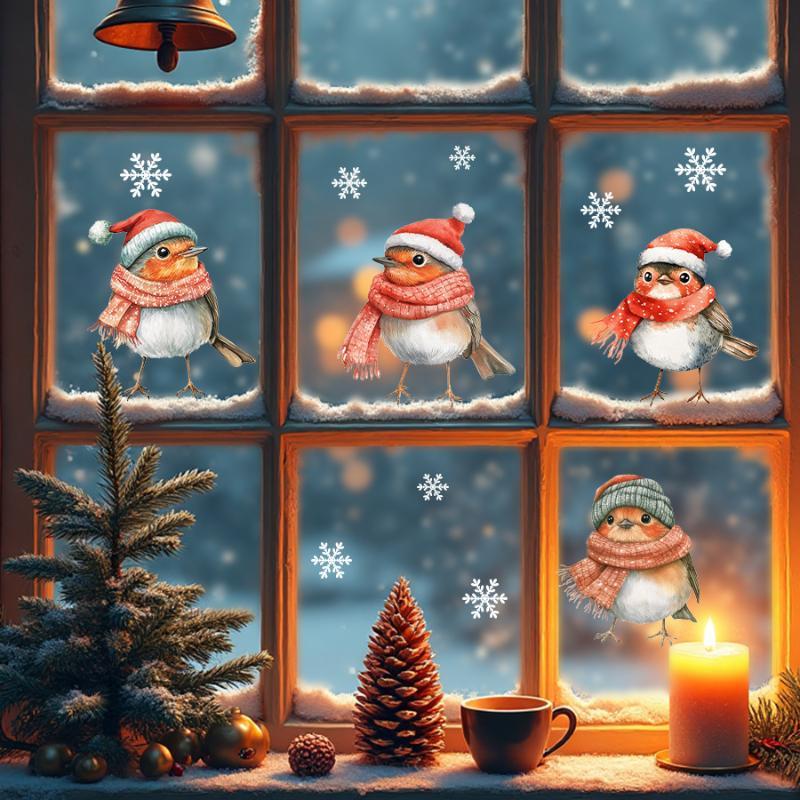 Christmas Robin Window Stickers Snowflake Winter Pattern Removable for Xmas Family Party Indoor Glass Decor