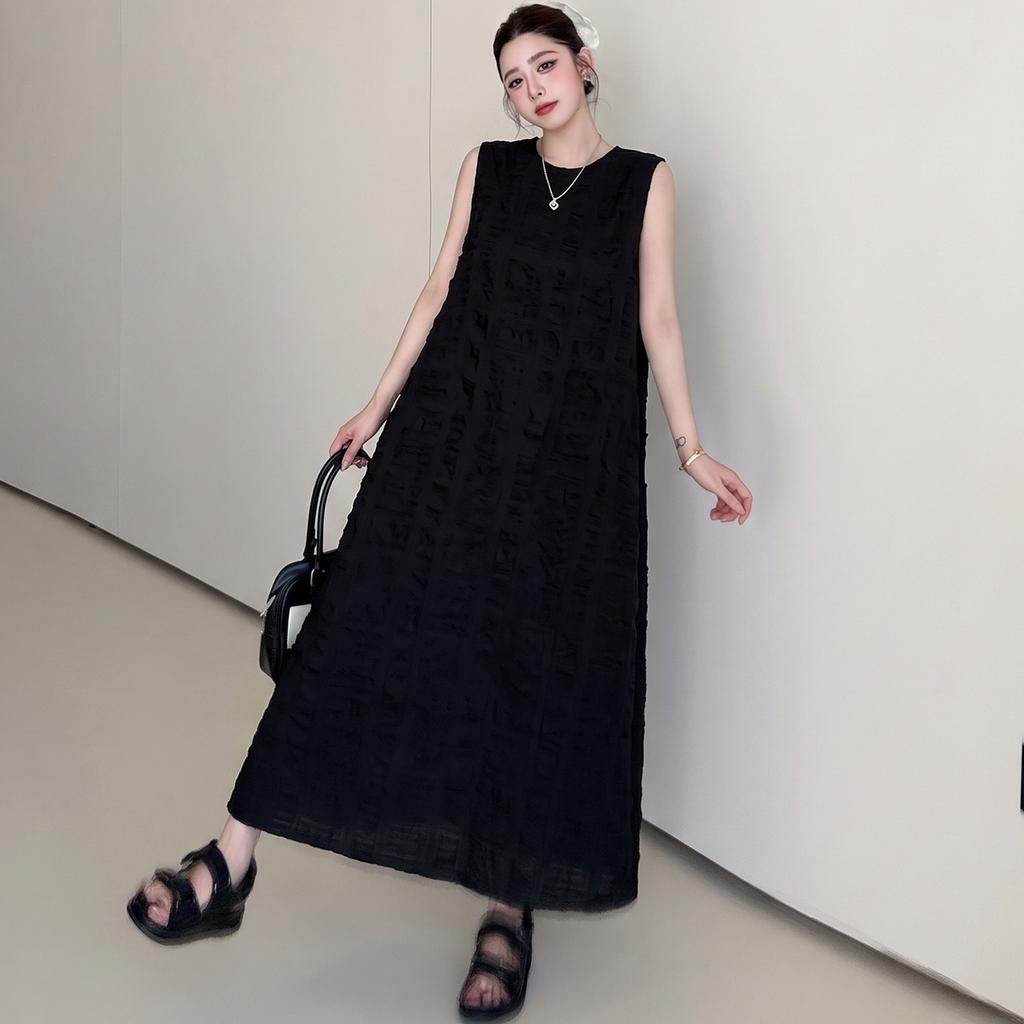 DIMANAF 2026 Summer New Plus Size Women Black Sleeveless Maxi Dress Elegant A-Line Solid Long Vest Dresses