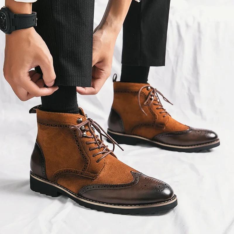 Fashion New High Top Men Shoes Luxury Business Dress Ankle Boots For Male Comfortable Men's Fashion Brogue Leather Motorcycle Boots Man