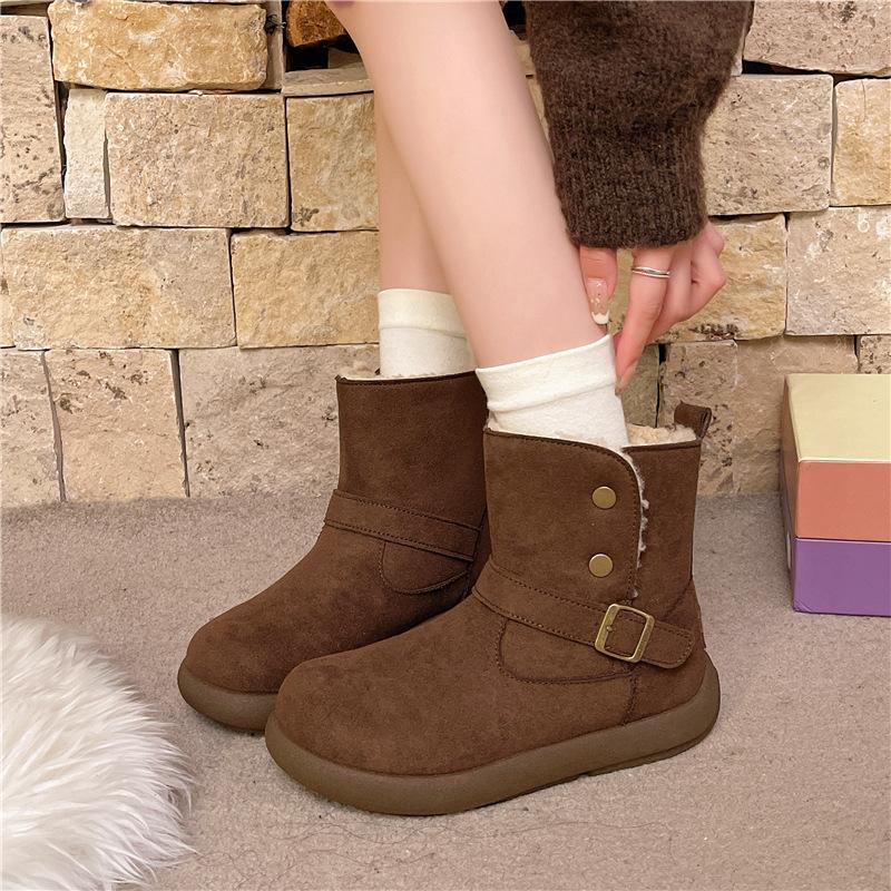 Women's Plus Size Soft-Sole Height-Enhancing Warm Winter Leather-Fur Combination Snow Boots with Plush Lining for Outdoor Sports