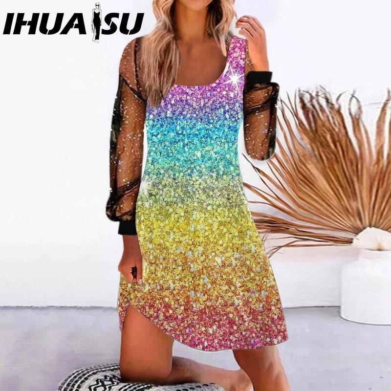 IHUASU Mote for kvinner Vår Høst Ensfarvet Trykk Langermet U-hals Høy midje Casual Kjoler