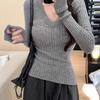 This Is A New Autumn Casual Style, Slimming and Versatile Design with A Pit Pattern V-neck Long-sleeved Knitted Sweater for Women