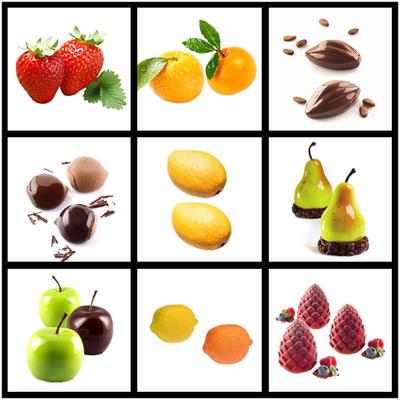 3D Fruchtmousse Silikon Kuchenformen: Birne, Apfel, Ananas, Pfirsich, Durian, Himbeere.