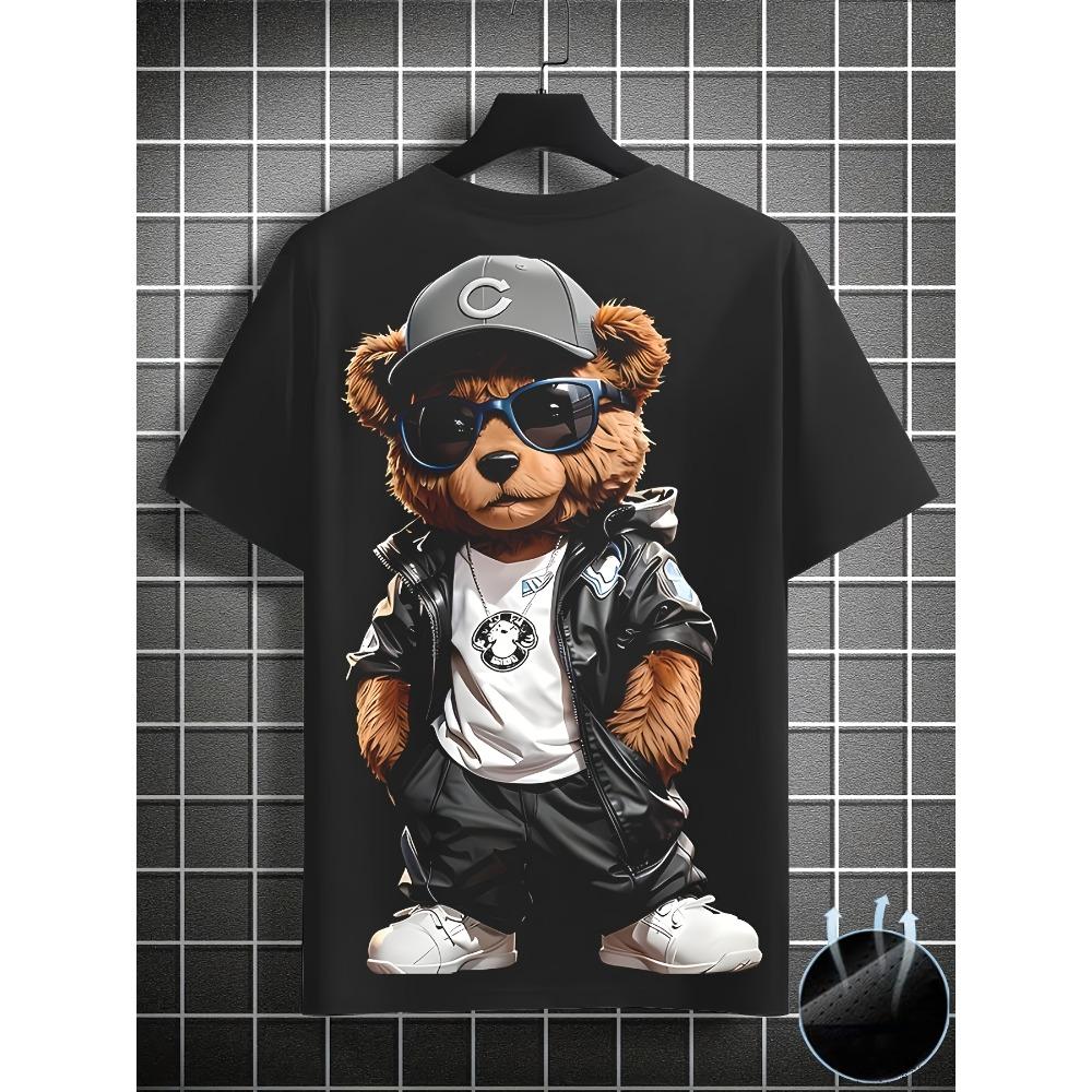 Europäische Größen Herren Lustiges Grafik-T-Shirt - Cooler Teddybär mit Modebrille Urban Streetwear T-Shirt - Weiches atmungsaktives Polyesterhemd für Partys