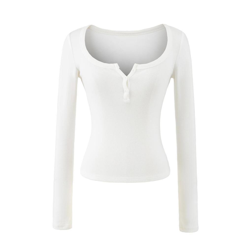 European American Cashmere Spicy Girl Square Neck Long Sleeve Slim Fit T-Shirt with Half Open Collar.
