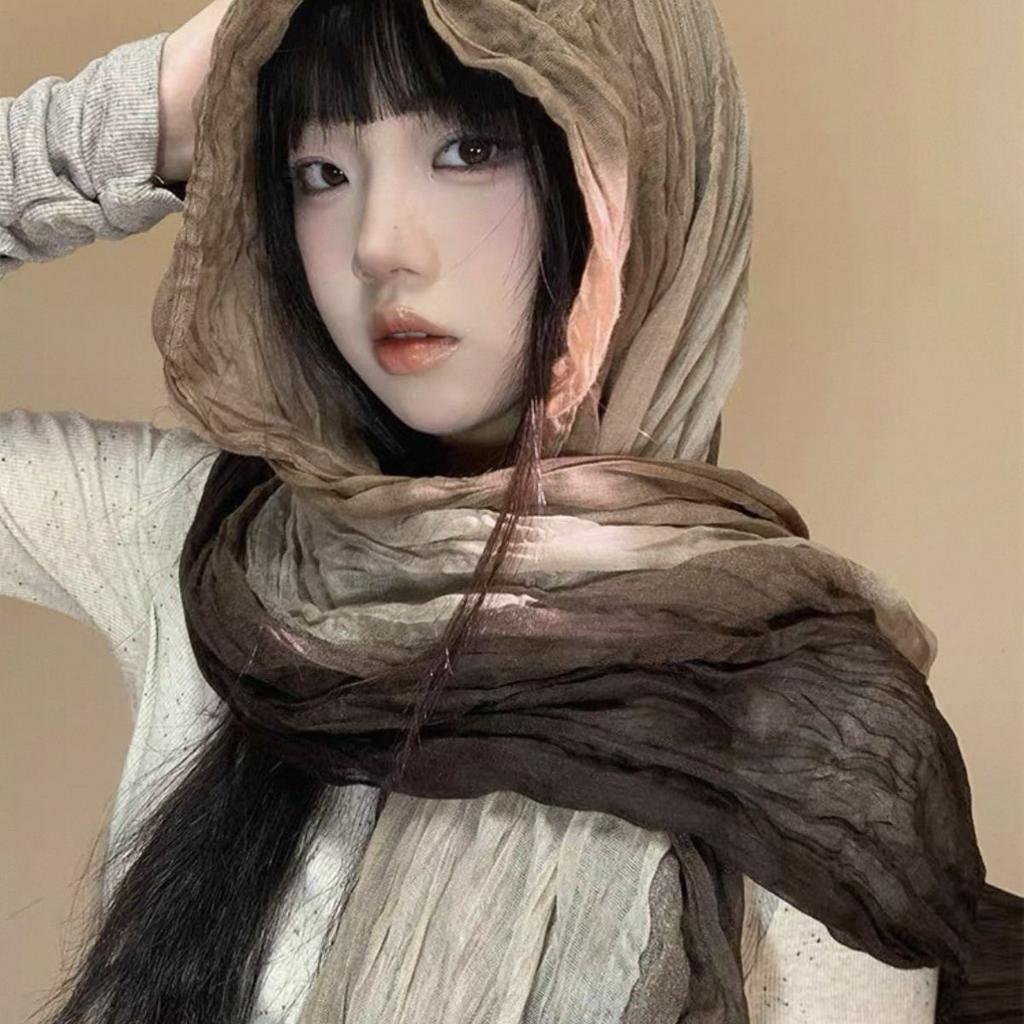 Bohemian Distressed Scarf Womens Crinkled Linen Wrap Desert Styling Headband Fashion Shawl Trendy Summer Accessory Headscarf