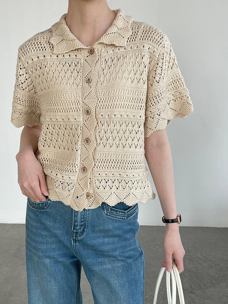 Taochuan, Korean short-sleeved knitted cardigan women s retro crochet hollow lapel short top MB860 One size fits all