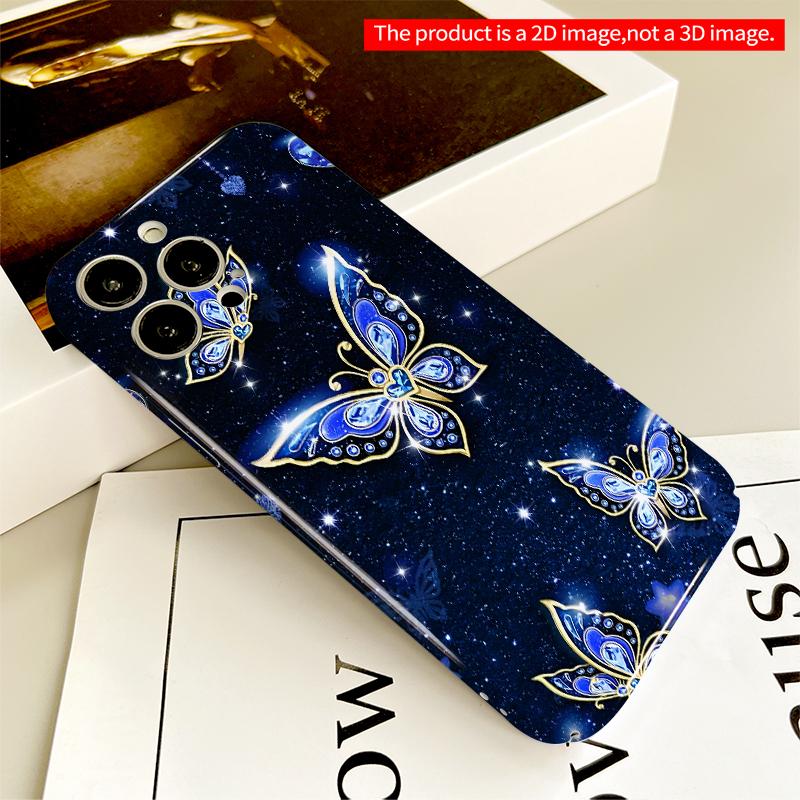 2DFlat Blue Gem Butterflies on Starry Night All inclusive film hard iPhone case, compatible with iPhone 18 Pro Max 17 16 15 14 13 12 11