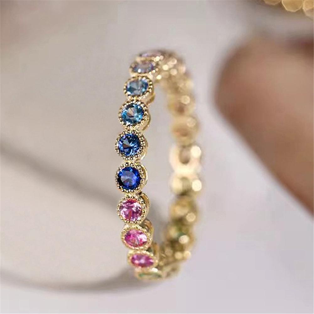 Cute Female Rainbow Zircon Round Stone Gold Color Wedding Jewelry Promise Engagement Rings For Women