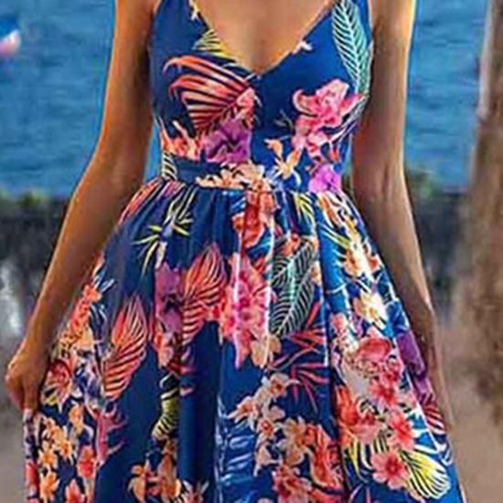 Vestido de Senhora Decote em V Cintura Ajustada Bainha Fendida Estampa Floral Sem Mangas Alça Vestido de Férias de Praia Roupa Feminina