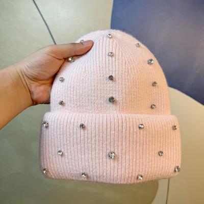 Hat Winter Women's New Korean Style Fashionable and Elegant Rhinestone Knitted Hat Street Style Rabbit Fur Warm Woolen Hat