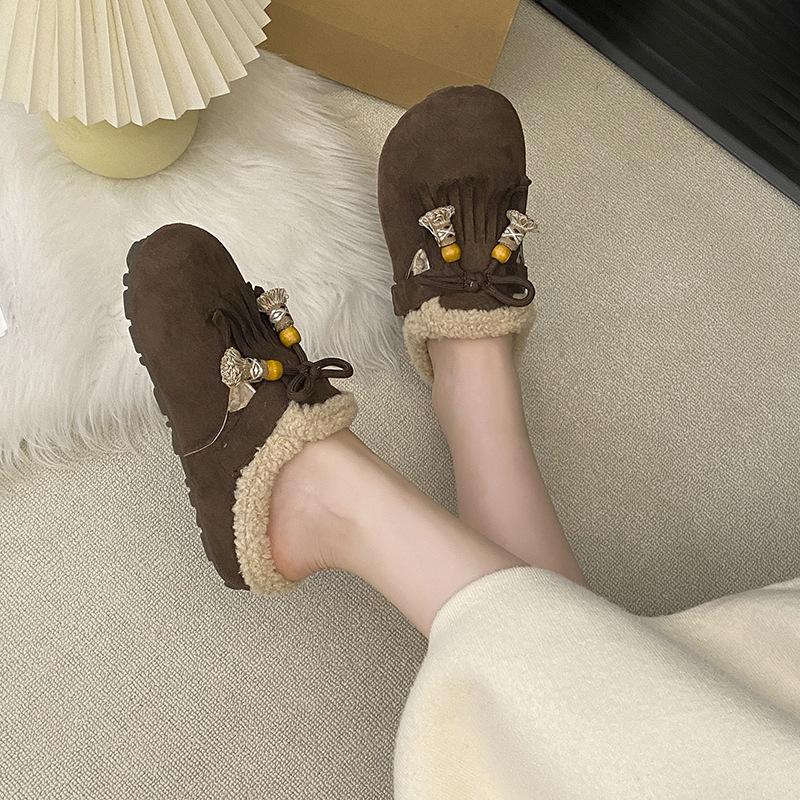 2025 Autumn and Winter New Retro Mori Plush Cotton Shoes Bag Head Half Drag Muller Shoes Fringed Warm Fluffy Shoes Women