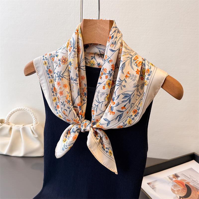 Pastoral Floral Print Square Scarf Imitation Silk Shawl Sun Protection High-end Neck Tie Small Square Scarf Headscarf Women's