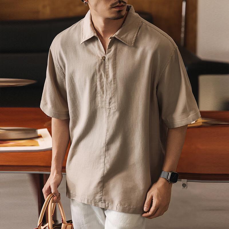 Men s Lyocell-Linen Blend Retro Short Sleeve Half-Placket Shirt L