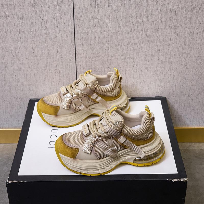 2025 new leather dad shoes women's thick-soled inner height-increasing splicing mesh sports shoes women's casual lace-up student shoes