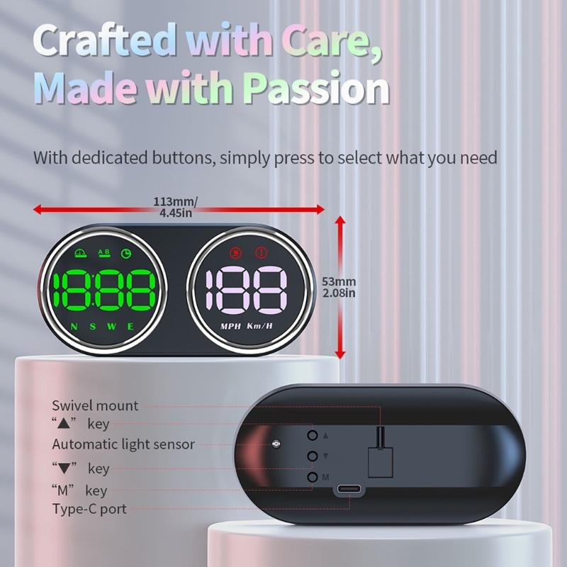Twin Dial Car Speed Display MPH Dashboard Monitor with Type-C Controls for Daily Commute and Road Trip Driving Use
