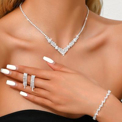 Vintage Necklace Set Women'S Jewelry Bridal Wedding Jewelry Rhinestone Bracelets Earrings Necklace Two-Piece Set