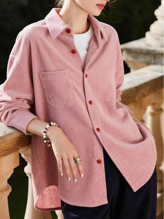 Women's Pink Brushed Corduroy Lapel Shirt - 2025 Autumn/Winter High-End Commute Top