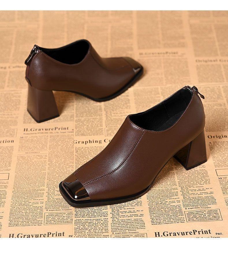 Spring 2025 new French retro square head deep mouth single shoes women's thick heel soft leather casual fashion high heels women's